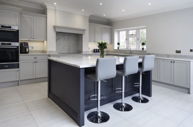 Grey Shaker Kitchen With Blue Island4 | Stanford Design, Upminster