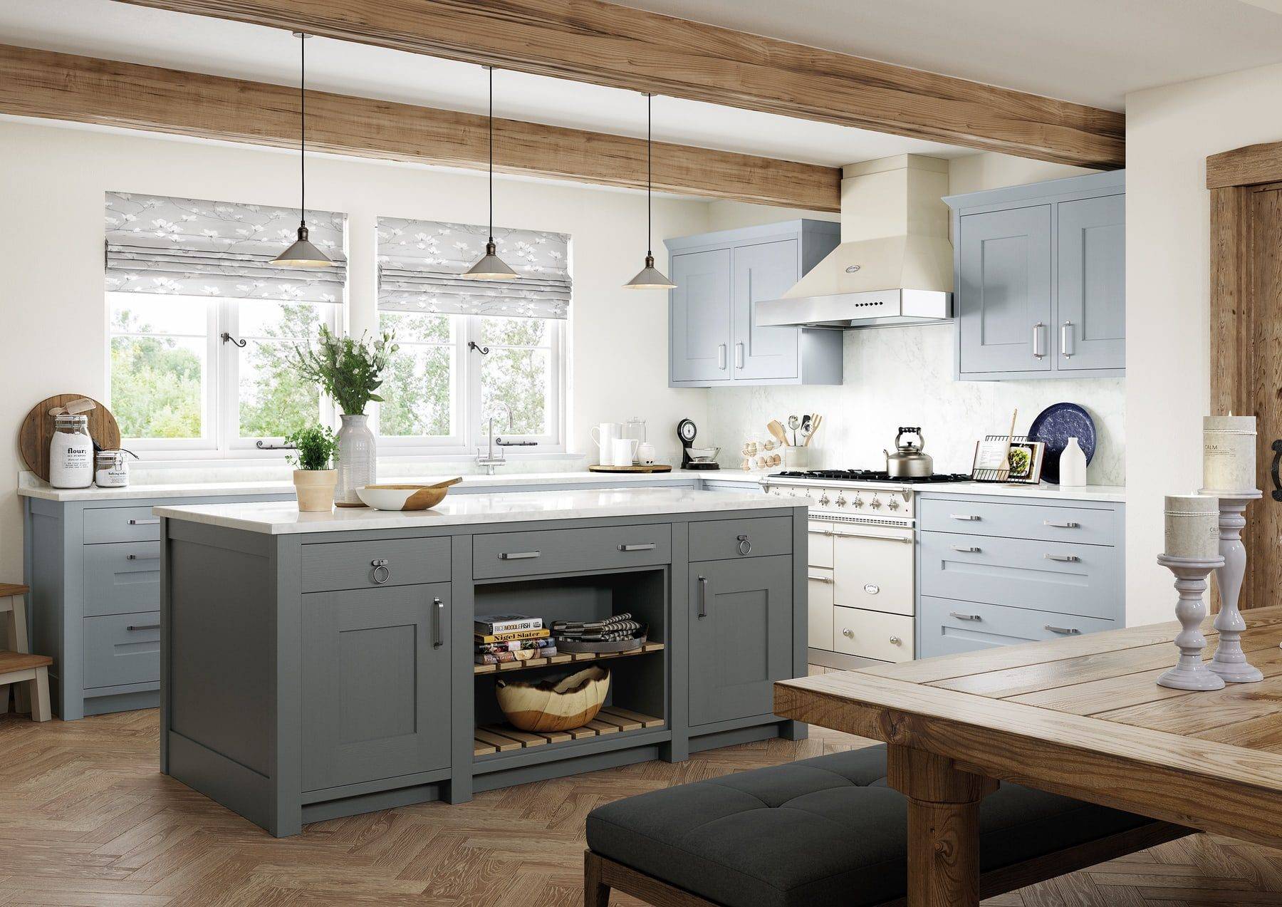 Clonmel Pantry Blue And Gun Metal Grey Shaker L Shaped Kitchen With Island 3 | Stanford Design, Upminster