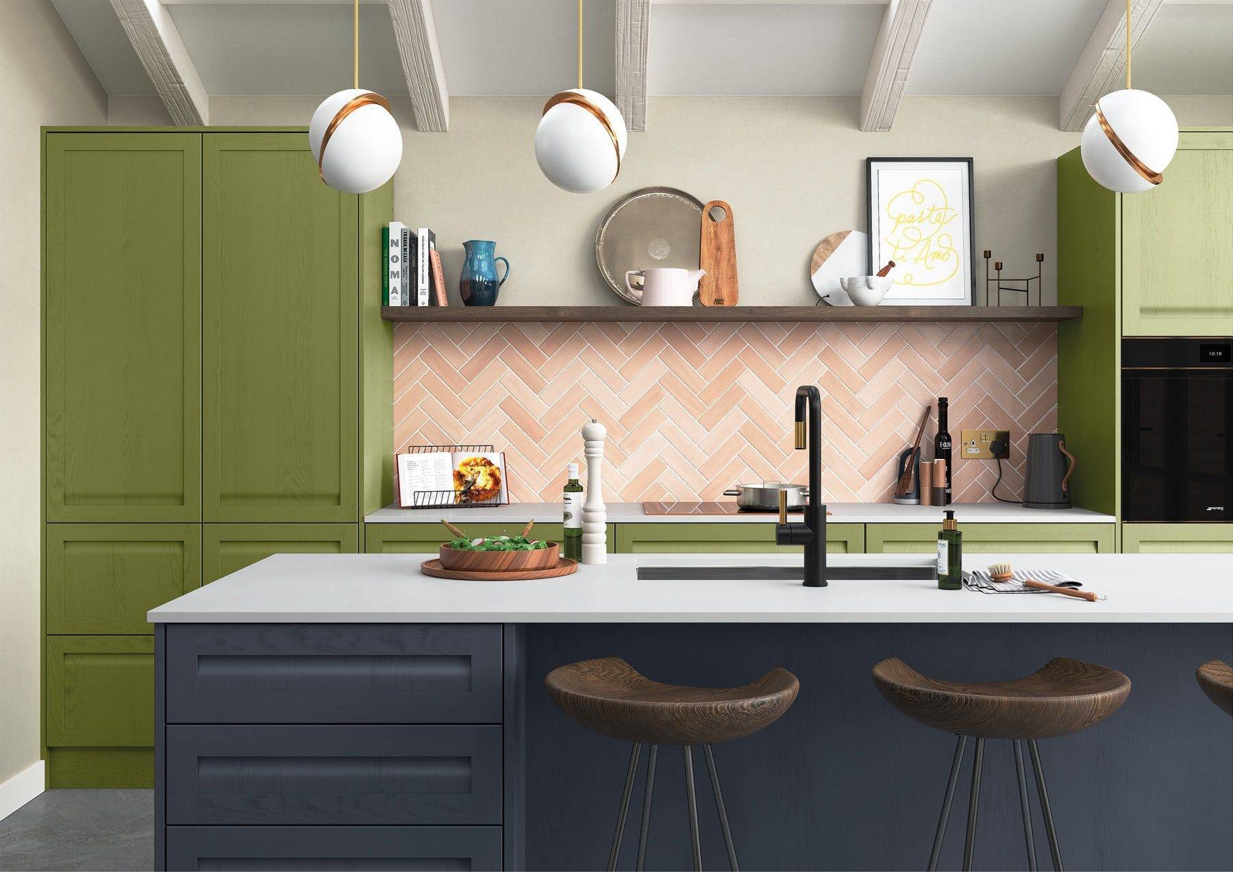 Harborne Slate Blue Stone And Cms Citrus Green Kitchen | Stanford Design, Upminster