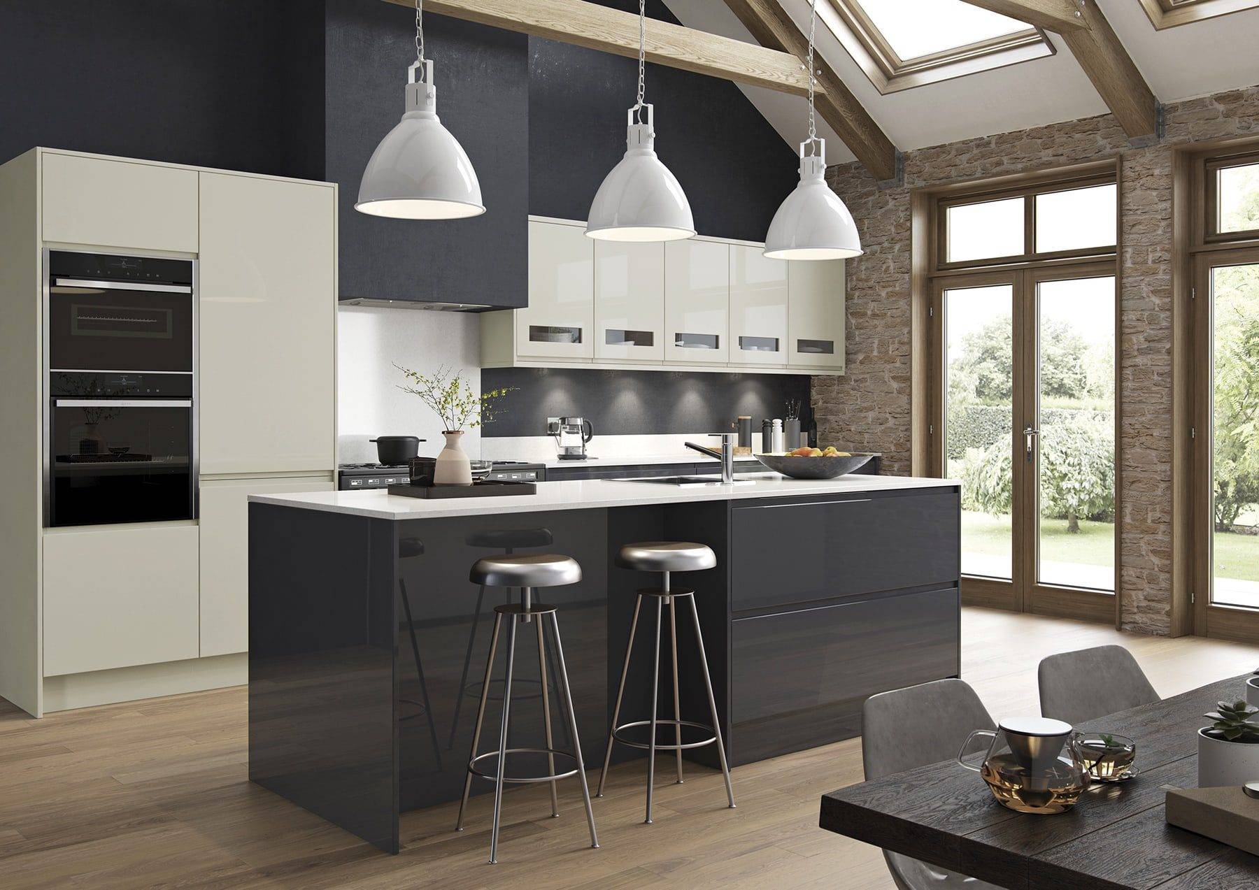 Strada Gloss Graphite And Porcelain Kitchen With Island | Stanford Design, Upminster