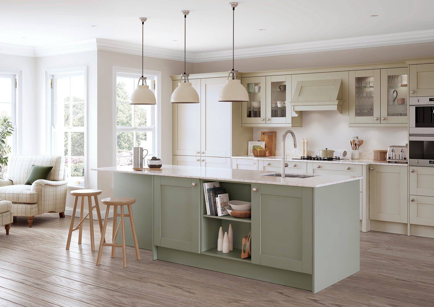 Madison Mussel And Sage Green Shaker Kitchen With Island | Stanford Design, Upminster