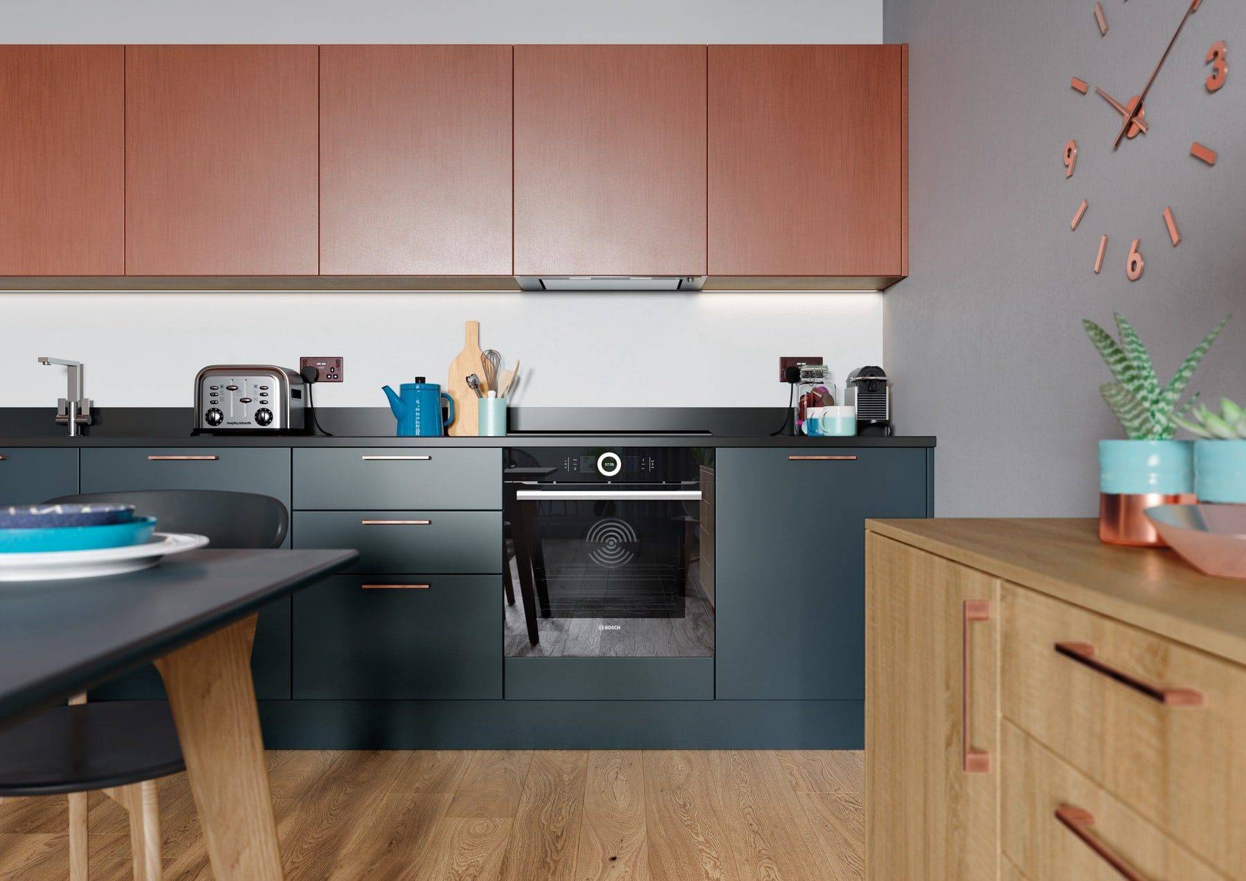 Zola Matte Marine And Ferro Copper With Rezana Light Oak Kitchen | Stanford Design, Upminster