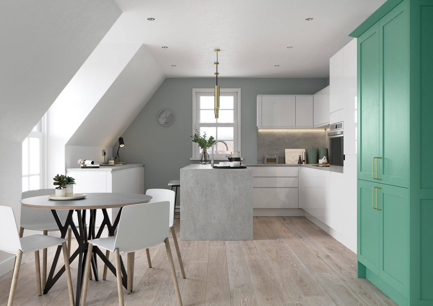 Strada Gloss White And Aldana Cms Green Compact Kitchen 1 | Stanford Design, Upminster
