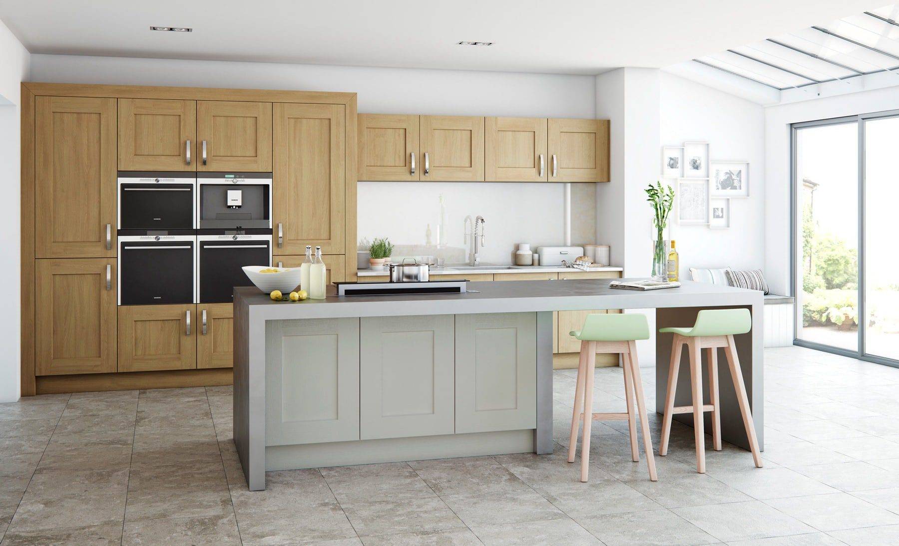 Clonmel Light Oak And Stone Shaker Kitchen With Island | Stanford Design, Upminster