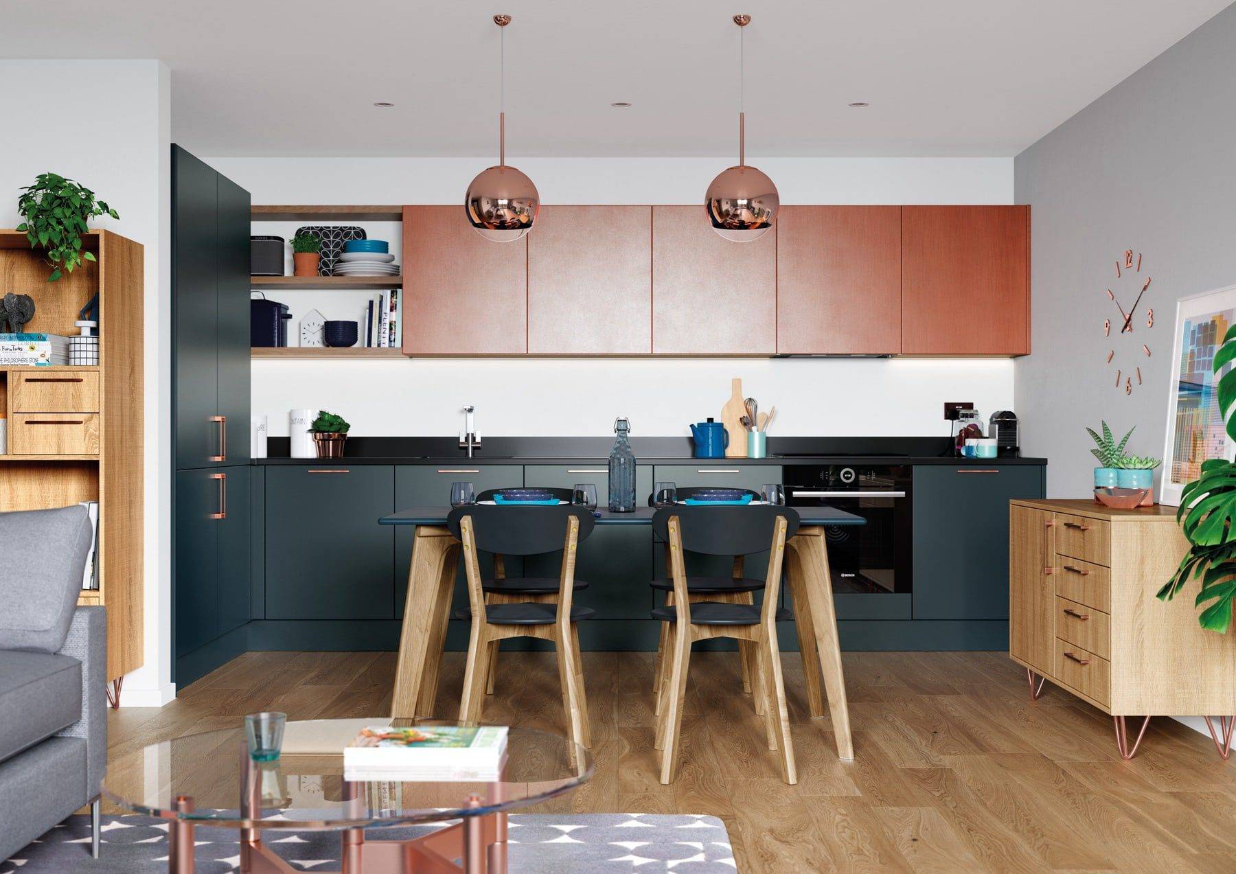 Zola Matte Marine And Ferro Copper With Rezana Light Oak Compact Kitchen | Stanford Design, Upminster