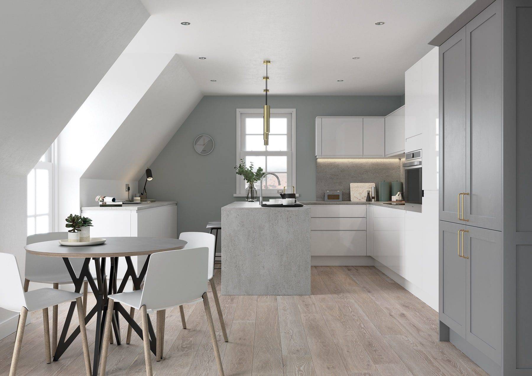 Strada Gloss White And Aldana Dust Grey Compact Kitchen 1 | Stanford Design, Upminster