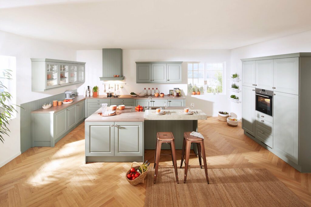 Bauformat Berger Olive Shaker Open Plan Kitchen With Island | Cotswood Kitchens, Blockley