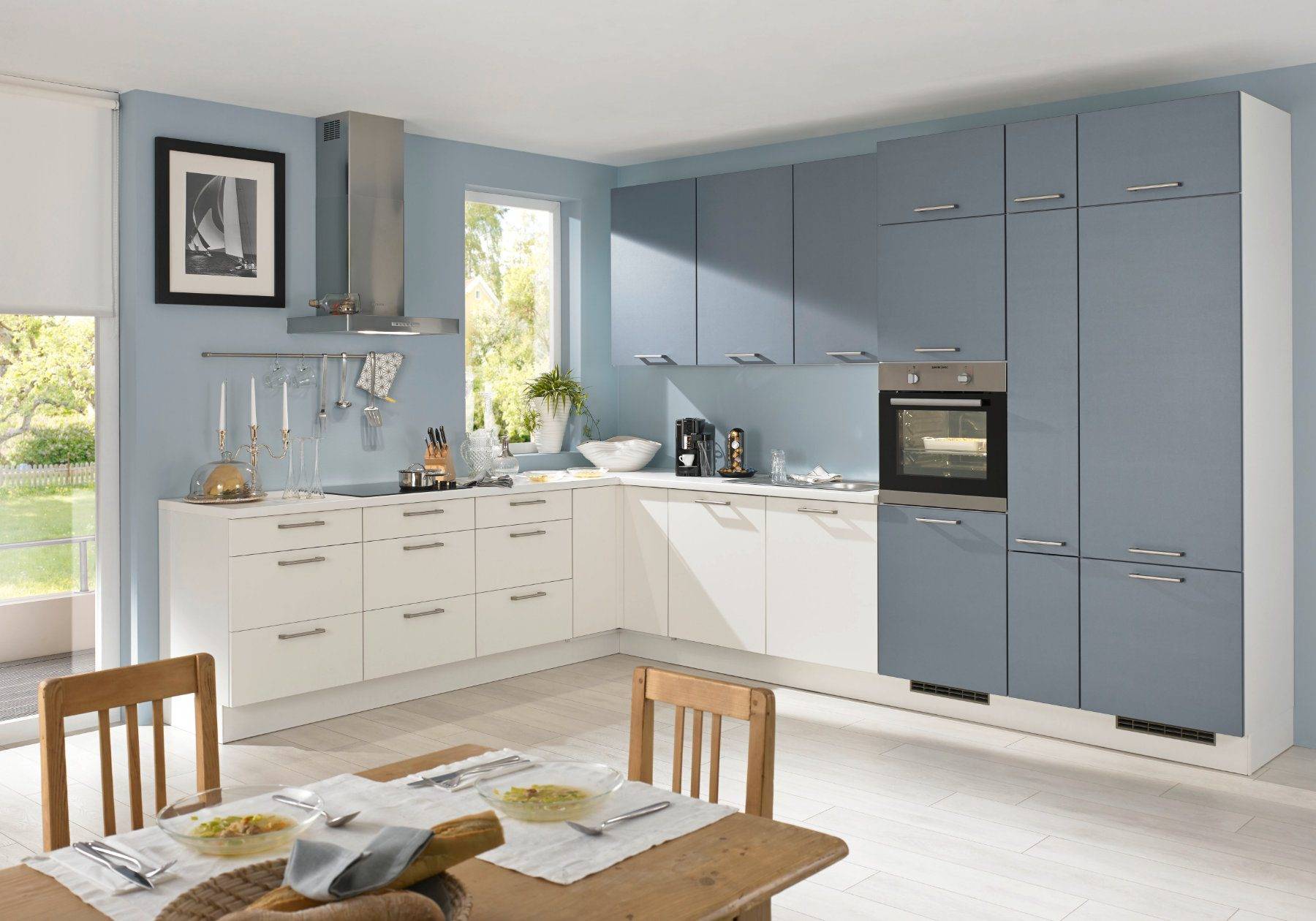 Bauformat Berger Blue White Matt L Shaped Kitchen 1 | Cotswood Kitchens, Blockley