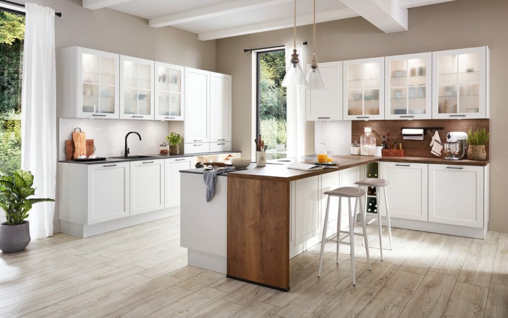 Nobilia Matt White Wood Shaker Open Plan L Shaped Kitchen With Island 2021 1 | Vegas Kitchens, Folkestone