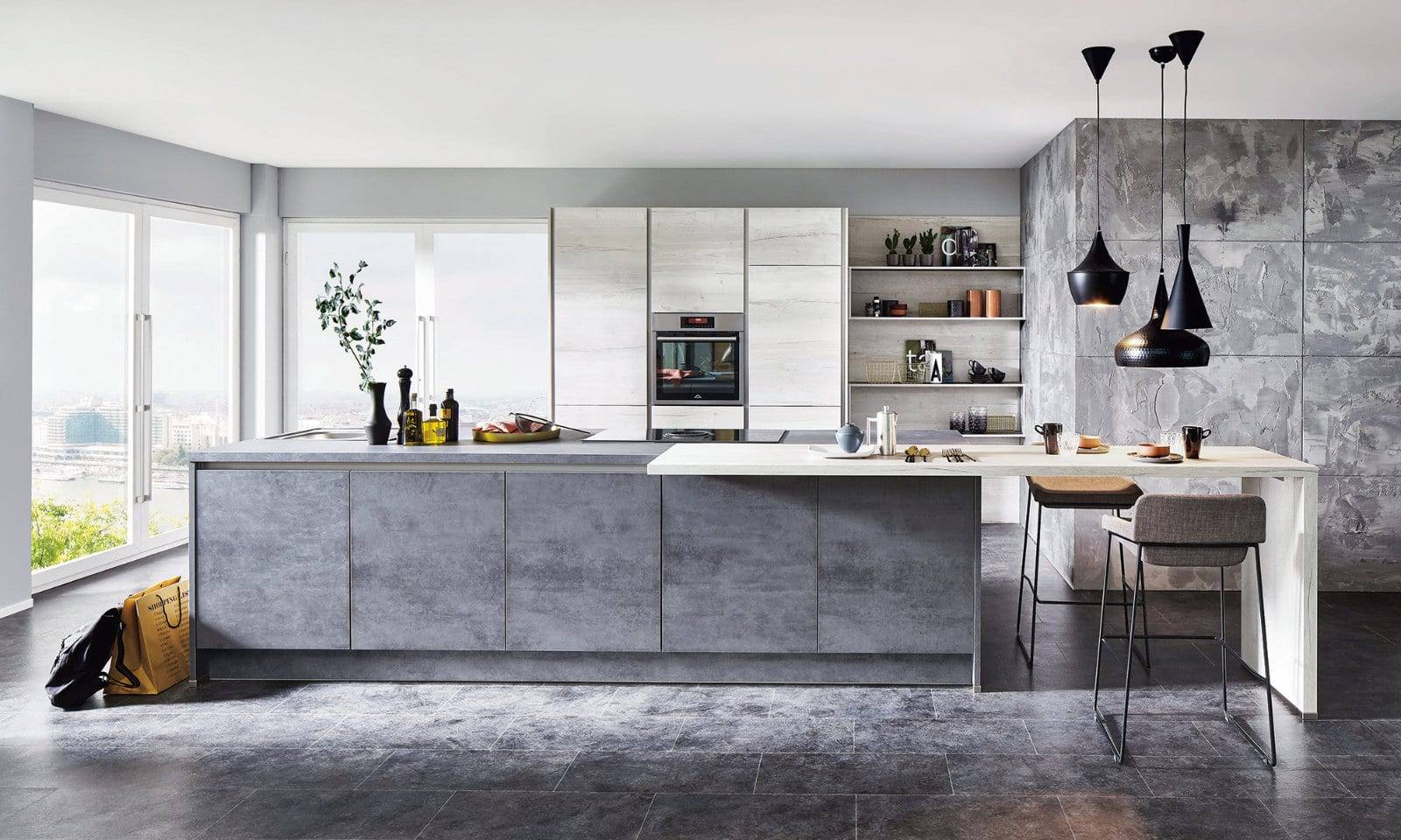 Nobilia Modern Concrete Open Plan Handeless Kitchen With Island 1 | Lead Wolf, Peterborough