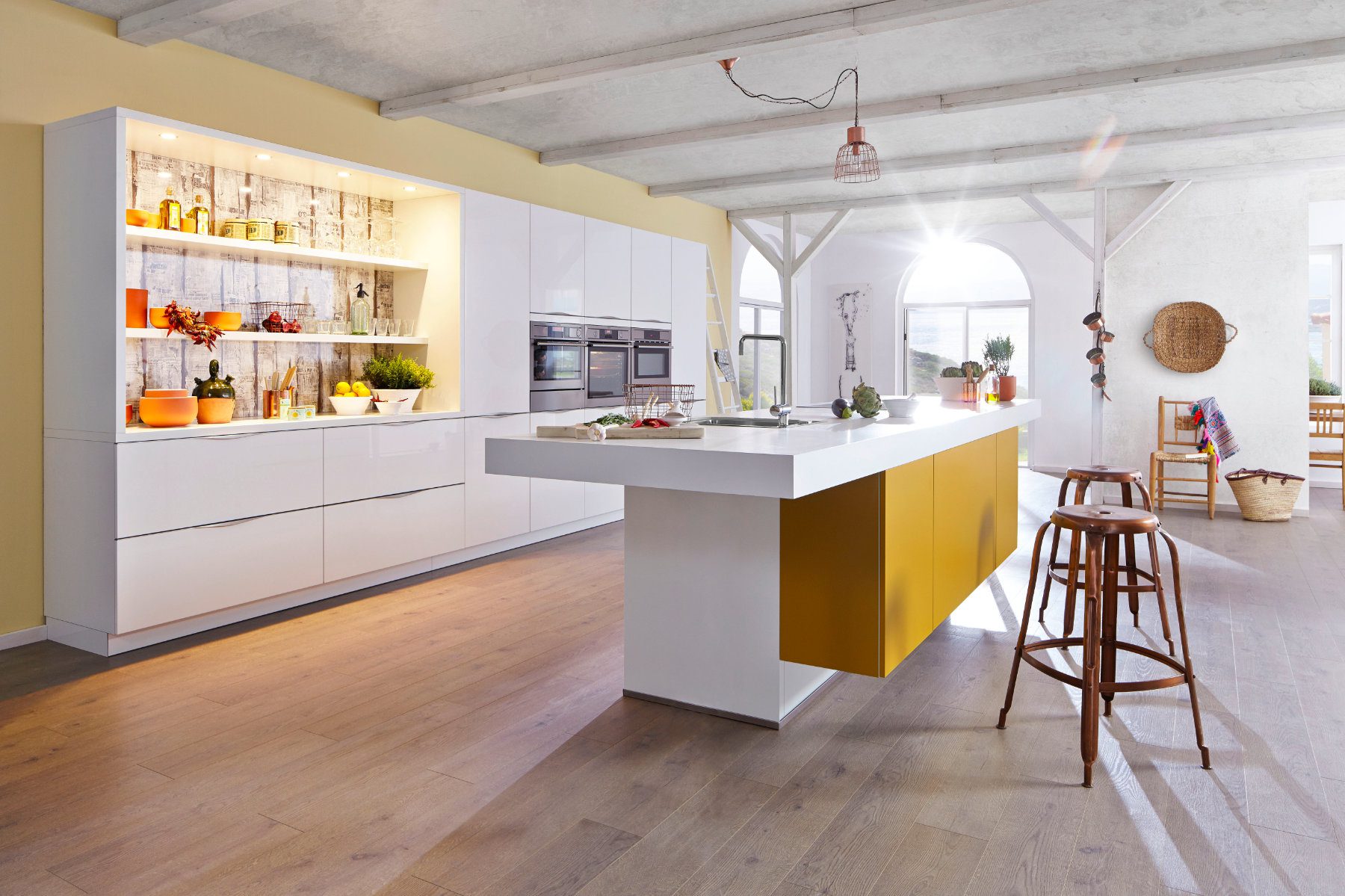 Bauformat White Gloss Mustard Open Plan Kitchen With Island | Kubo Kitchens