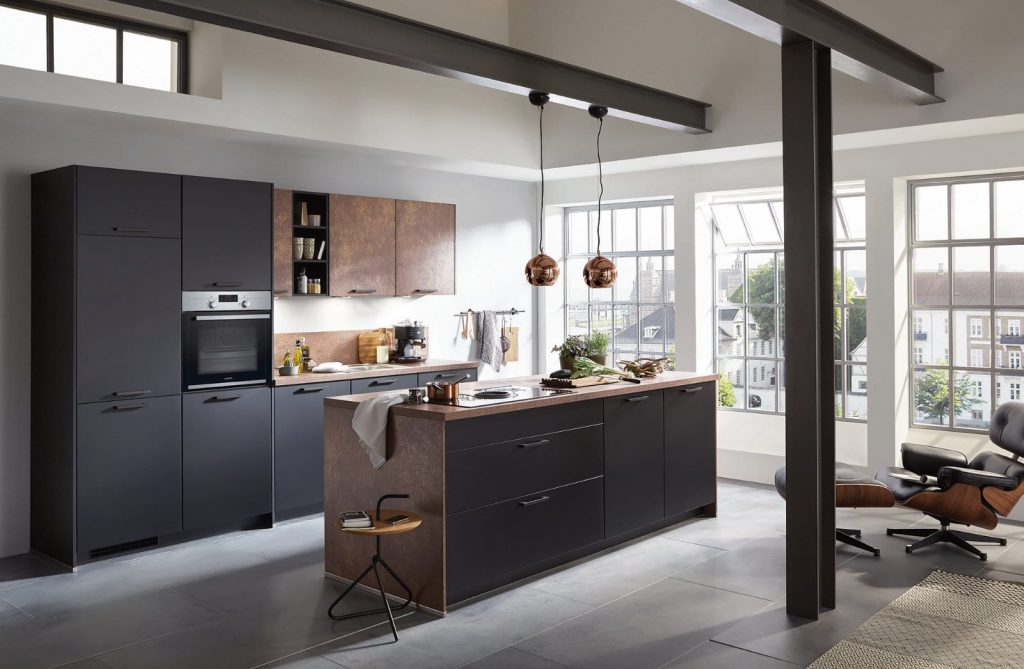 Nobilia Matt Black Bronze Open Plan Kitchen With Island 2021 | Square Kitchens, Barnsley