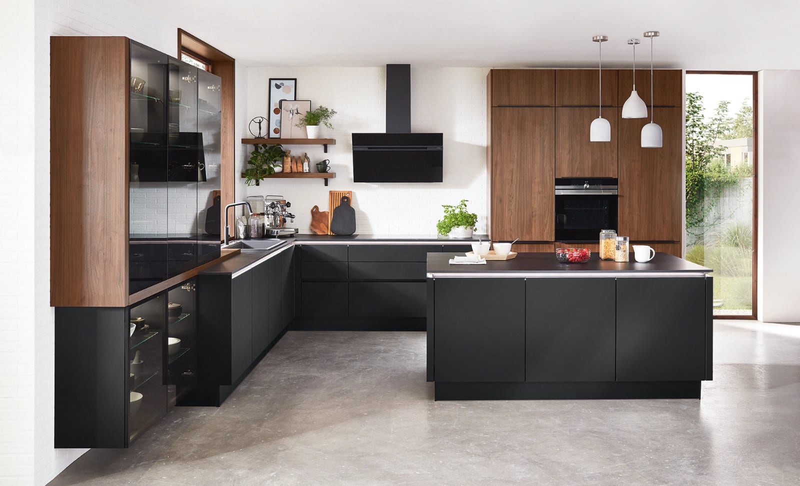 Nobilia Modern Matt Black Wood Handleless L Shaped Kitchen With Island 2021 | Square Kitchens, Barnsley