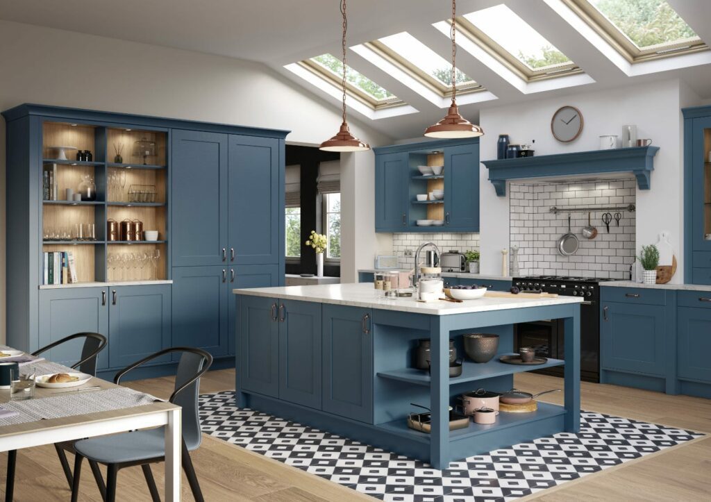 Alku Blue Shaker L Shaped Open Plan Kitchen With Island 1 | Sia Kitchens, Hertfordshire