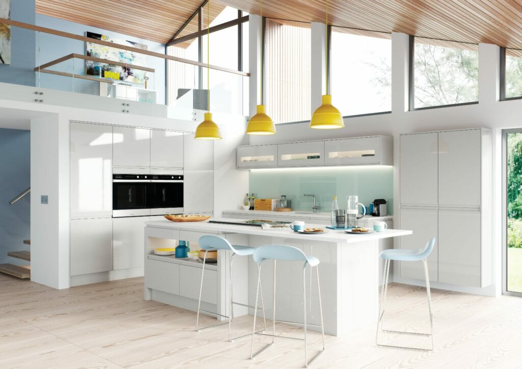 Alku Modern White Gloss L Shaped Kitchen With Island 3 | Sia Kitchens, Hertfordshire