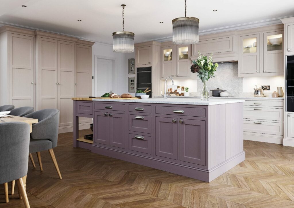 Alku Purple Shaker Open Plan Kitchen With Island | Sia Kitchens, Hertfordshire