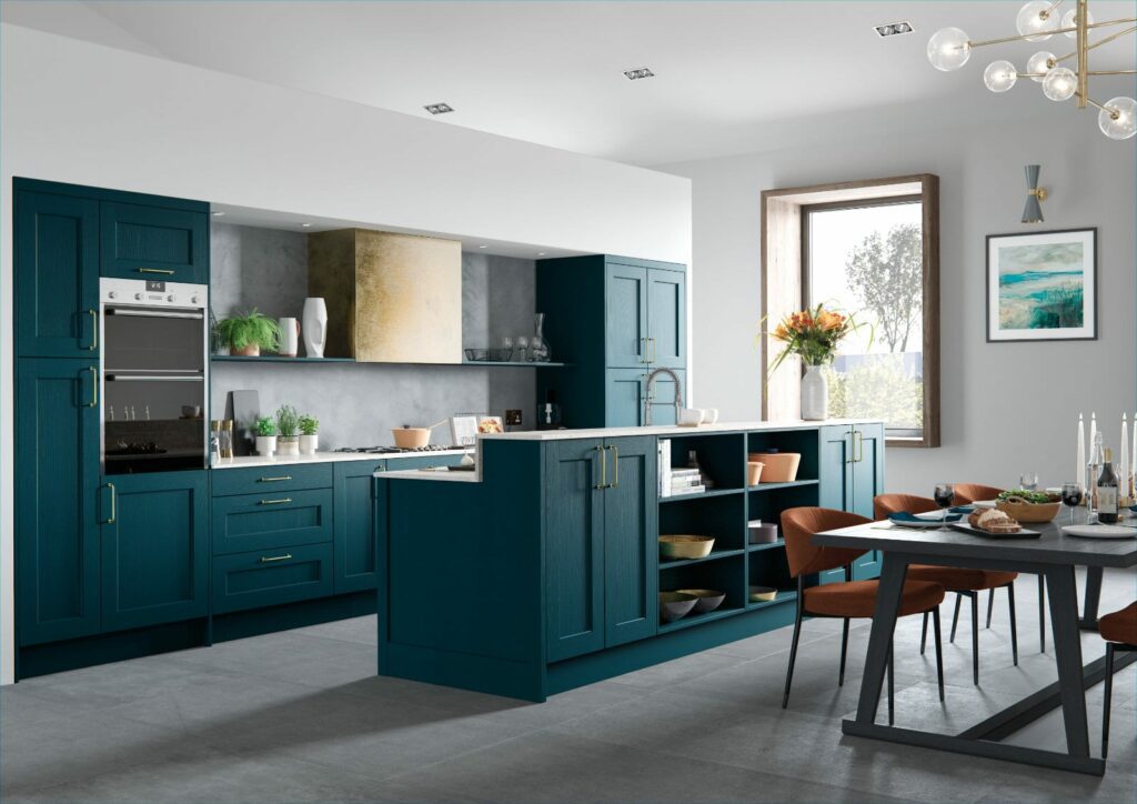 Alku Teal Shaker Open Plan Kitchen With Island 1 | Sia Kitchens, Hertfordshire