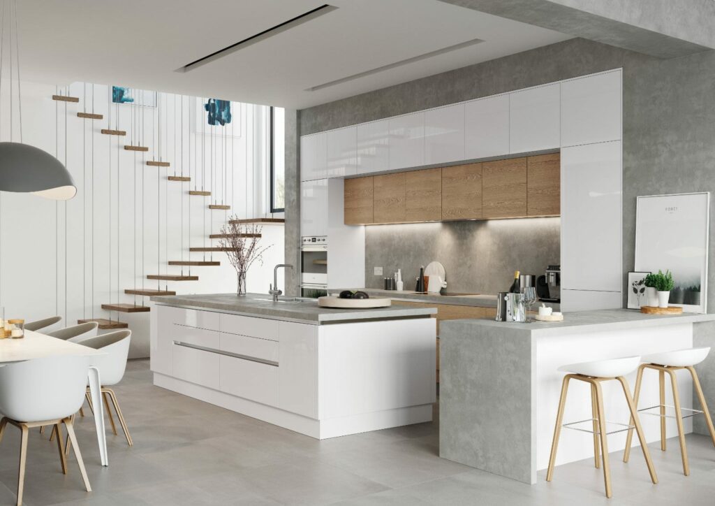Alku White Gloss Open Plan Kitchen With Island | Sia Kitchens, Hertfordshire