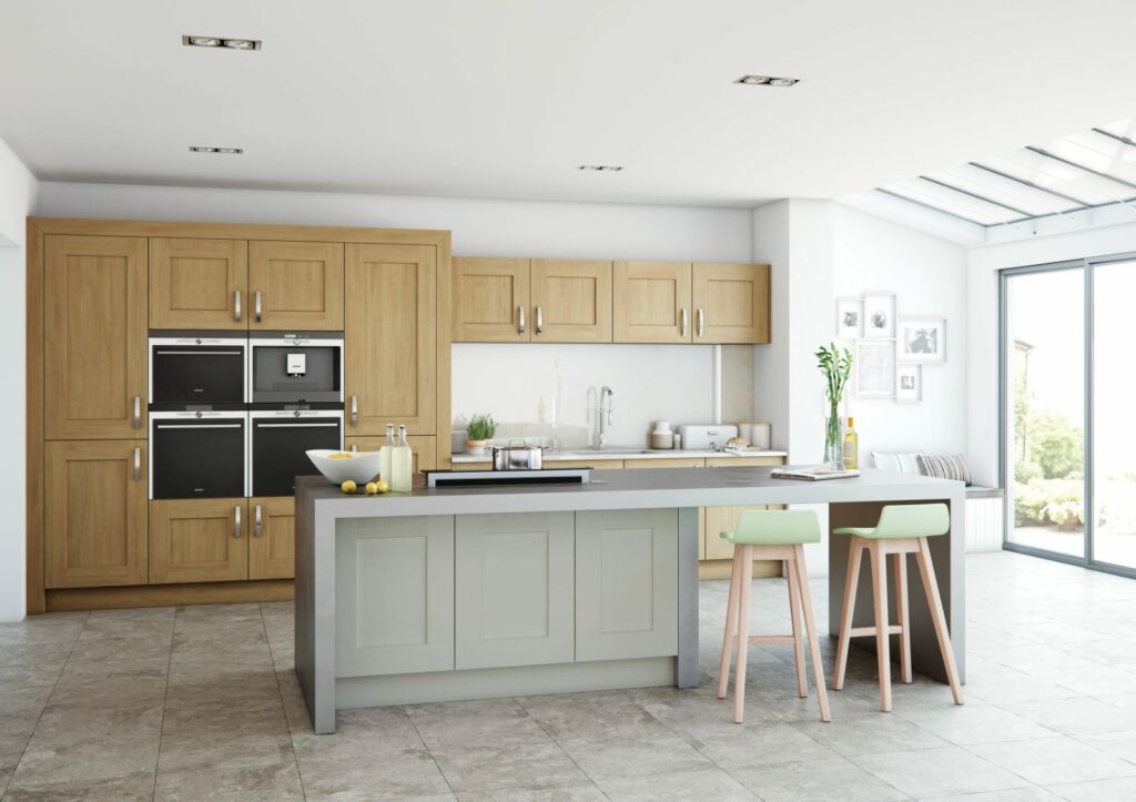 Alku Wood Matt Grey Shaker Open Plan Kitchen With Island | Sia Kitchens, Hertfordshire