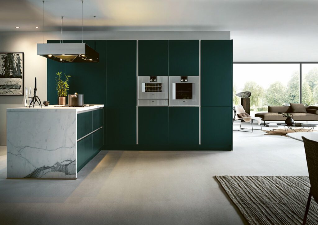 Next125 Matt Green Marble L Shaped Kitchen | Sia Kitchens, Hertfordshire