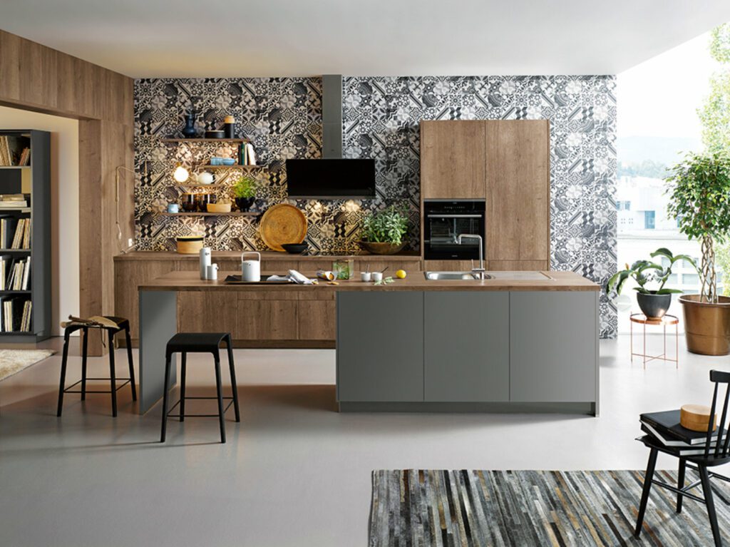 Schuller Matt Wood Open Plan Handleless Kitchen With Island 2 | Sia Kitchens, Hertfordshire