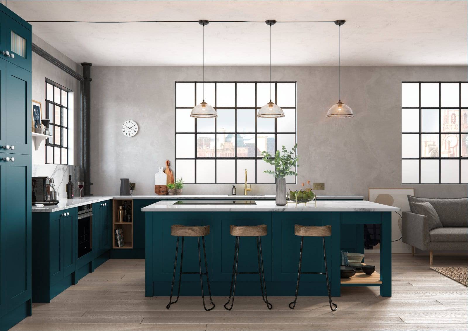 Alku Teal L Shaped Shaker Open Plan Kitchen With Island 1 | Sia Kitchens, Hertfordshire