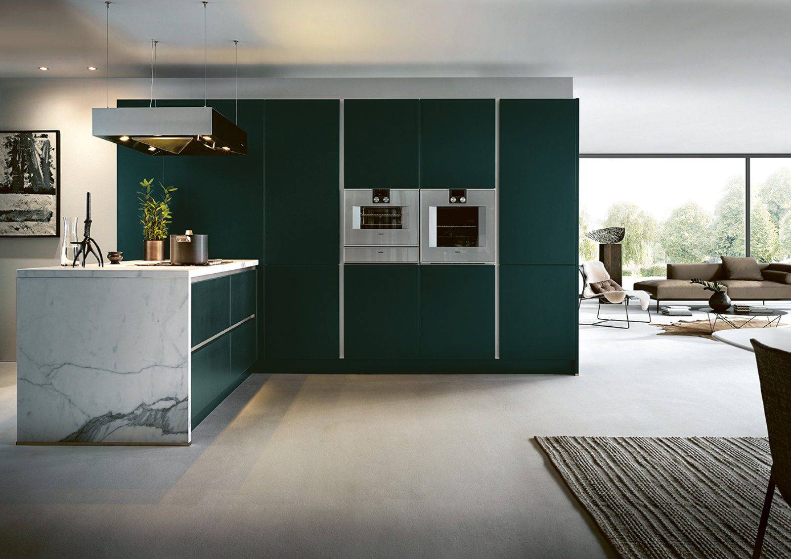 Next125 Matt Green Marble L Shaped Kitchen | Sia Kitchens, Hertfordshire