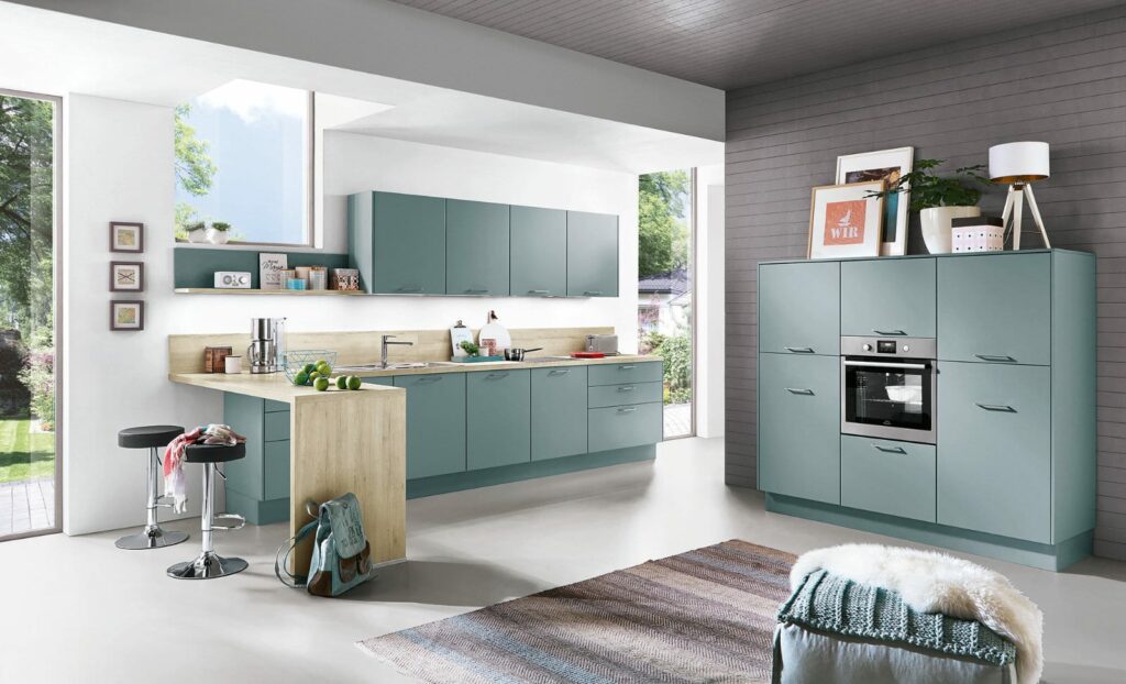 Nobilia Matt Blue Wood Open Plan Kitchen 2021 | Portfolio Kitchens, Swinton