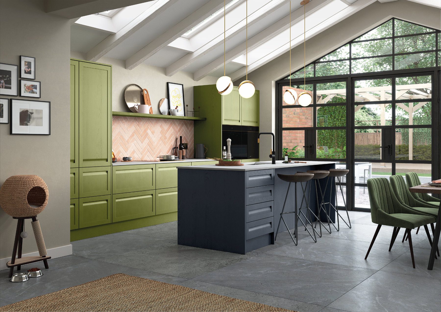 Kitchen Stori Citrus Green Kitchen With Navy Island | Portfolio Kitchens, Swinton