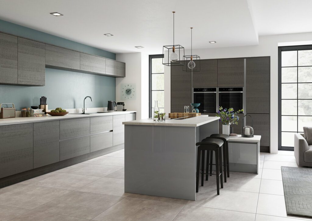 kitchen showroom Ramsbottom - Kitchen Stori Grey Wood Effect Handleless Kitchen | Portfolio Kitchens, Swinton