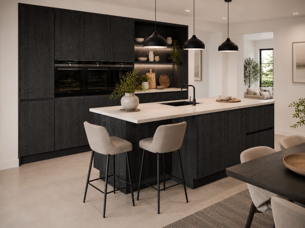 Nobilia Structura 403 Nero Oak kitchen concept with dark textured wood-effect fronts, integrated black appliances and complementary stone surfaces for a contemporary UK home.
