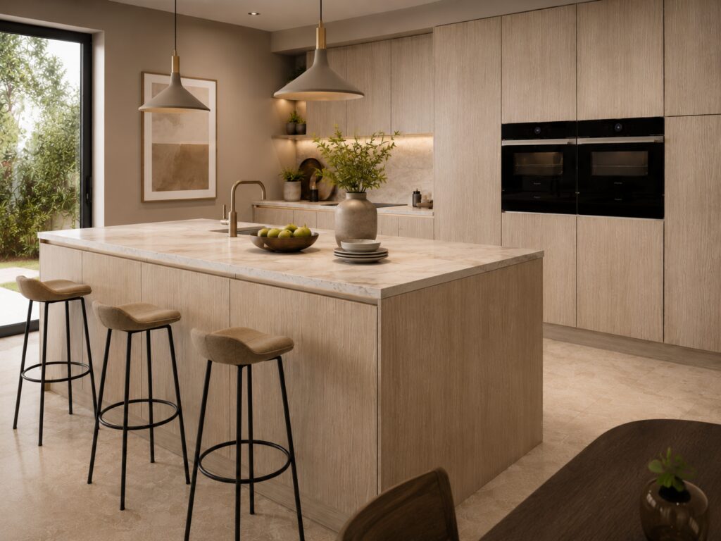 Nobilia Structura 402 Havana Oak reproduction kitchen with warm oak wood-effect cabinets, a light stone worktop, black accents and integrated appliances in a contemporary UK home.


