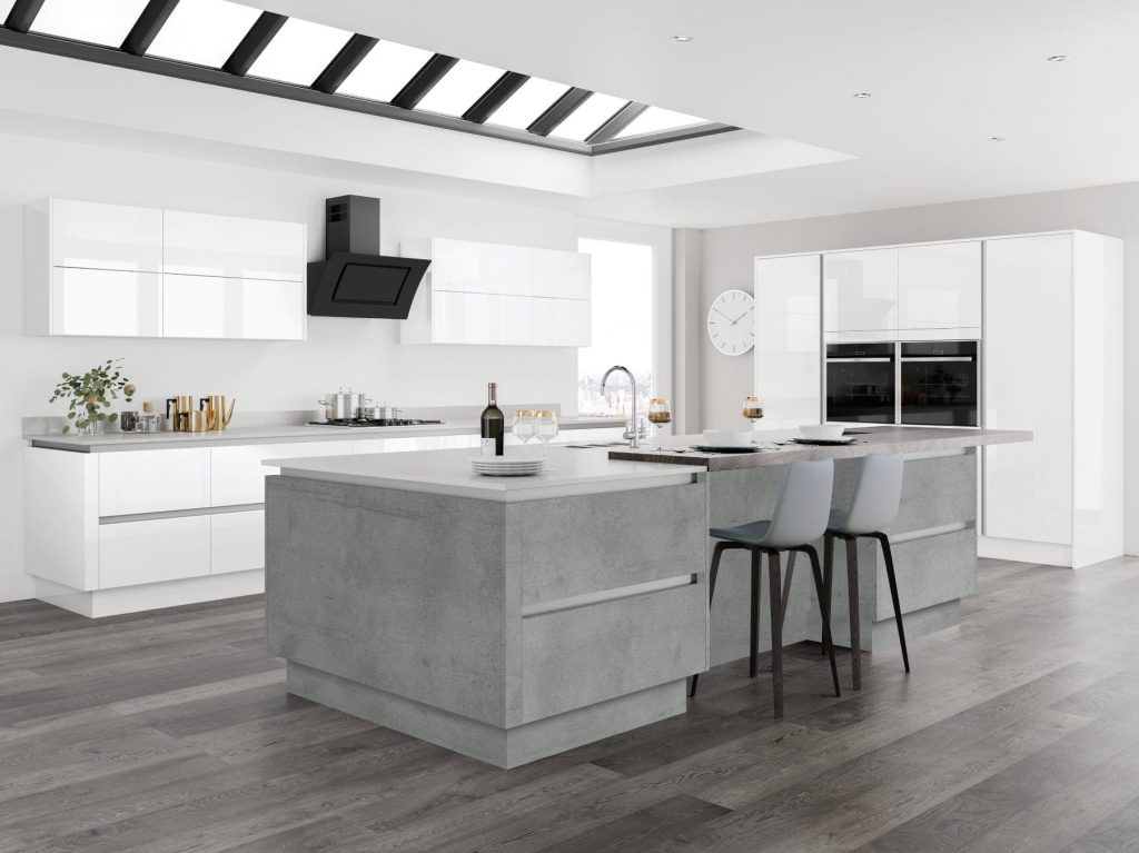 Jjo Light Gloss Kitchen With Concrete Island | Royal Kitchen Designs, Pontypool