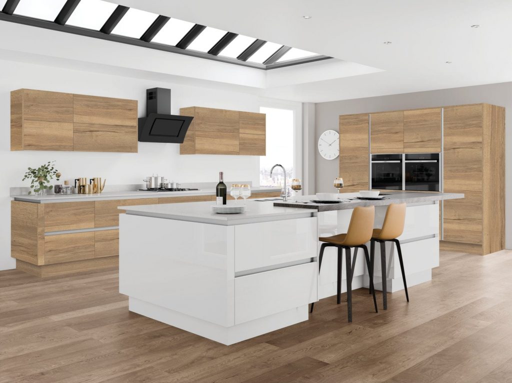 Jjo Wood Kitchen With Gloss Island | Royal Kitchen Designs, Pontypool