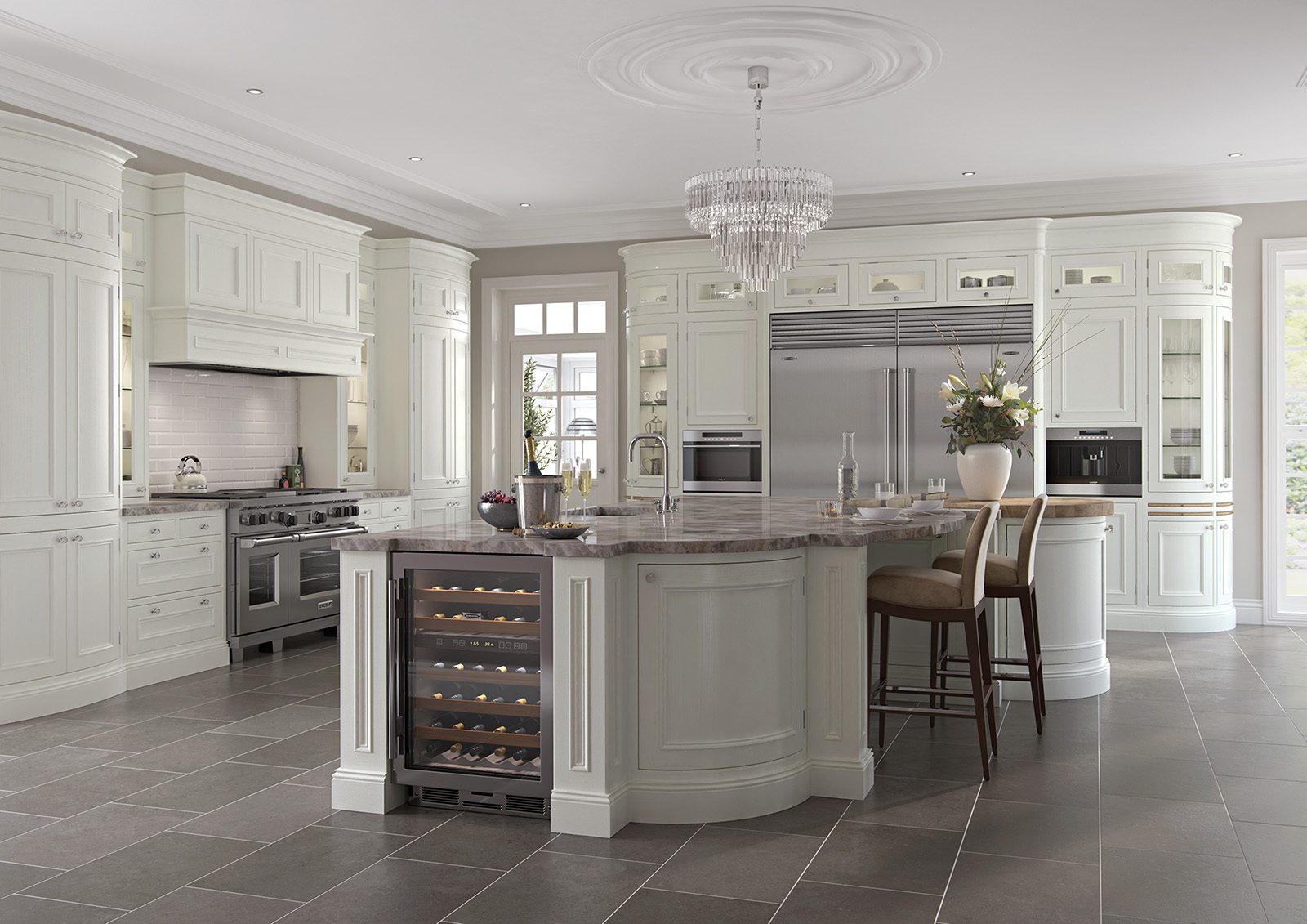 Aisling In Frane White Shaker Kitchen With Curved Island | Unlimited Kitchens, Nottingham