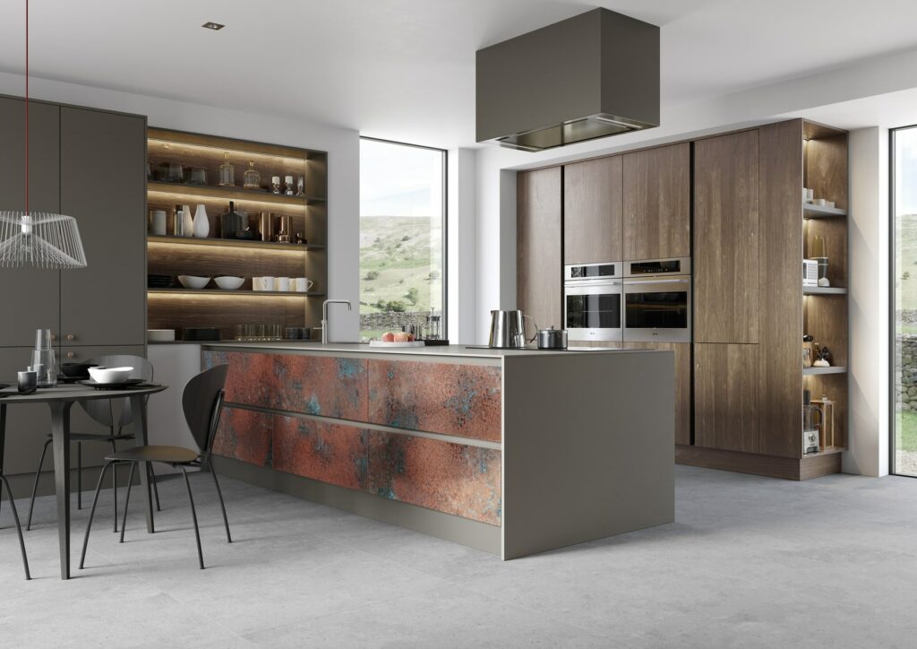 Ferro Oxidized Copper And Rezana Espresso Oak Handleless Kitchen | Colourhill, Boughton