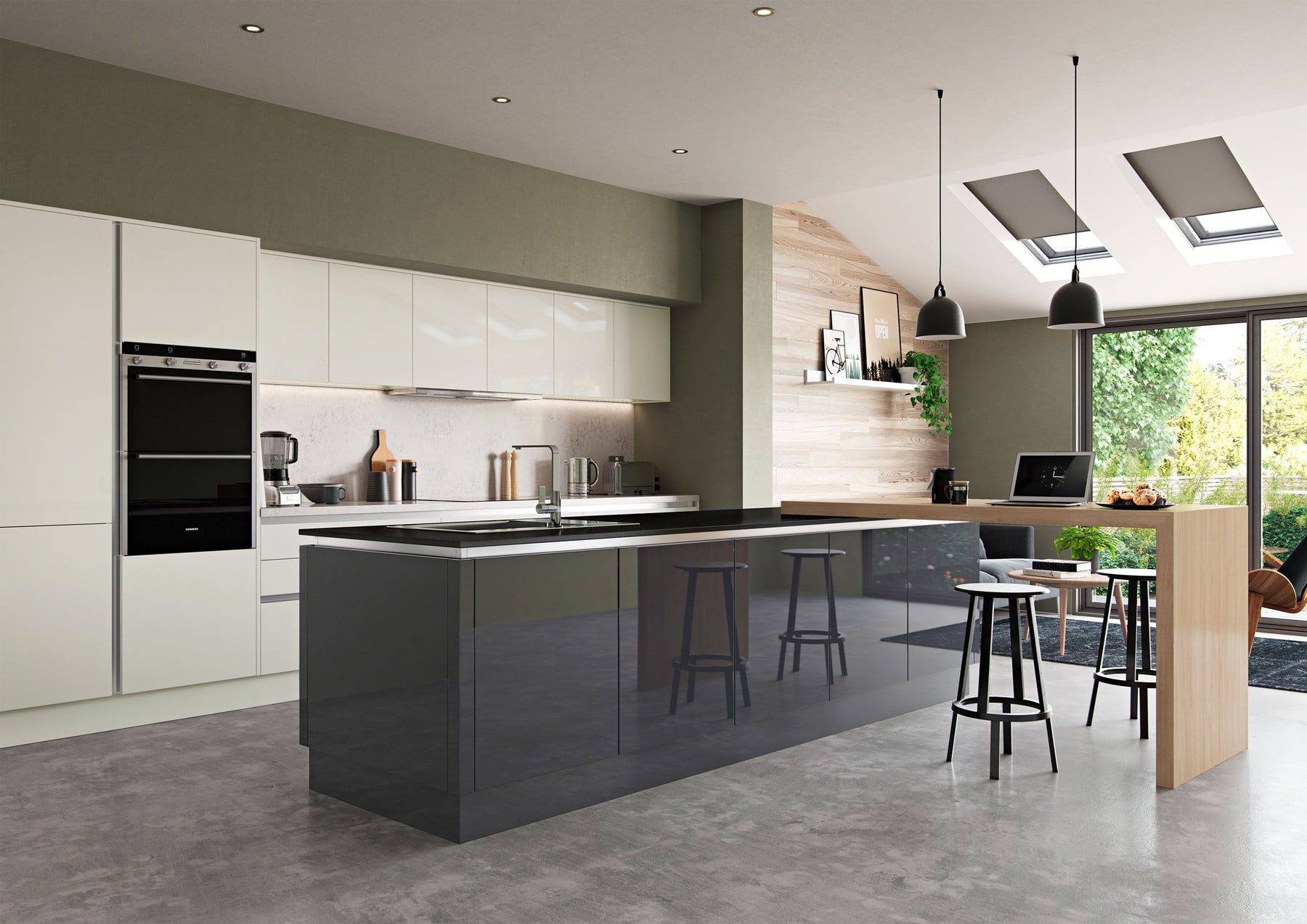 Zola Gloss Porcelain And Graphite Handleless Open Plan Kitchen | Colourhill, Lincoln