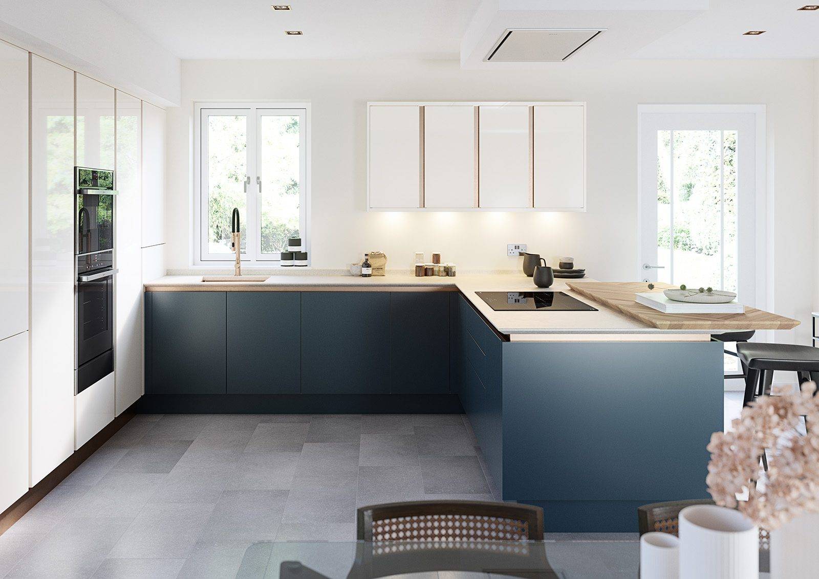 Second Nature Blue Matt Whte Gloss U Shaped Kitchen | Colourhill, Lincoln