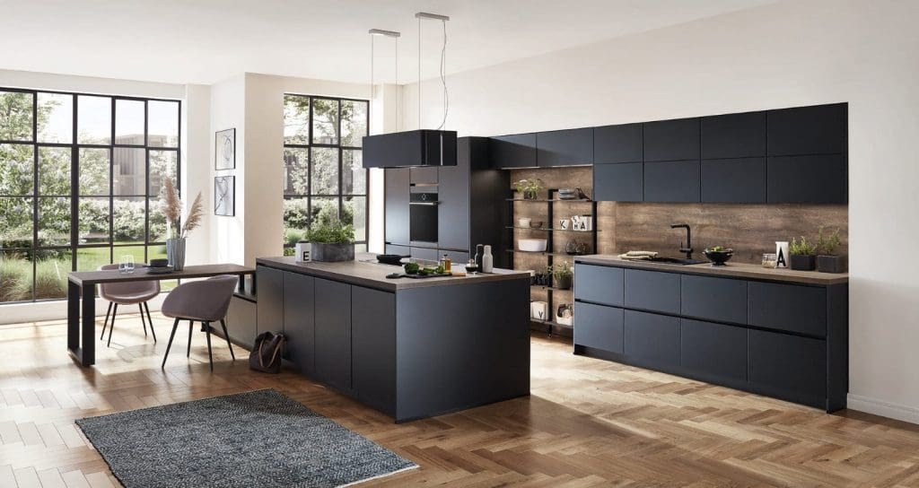 Nobilia Matt Black Wood Handleless Open Plan Kitchen 2021 2 | Qudaus Living, Sutton Coldfield