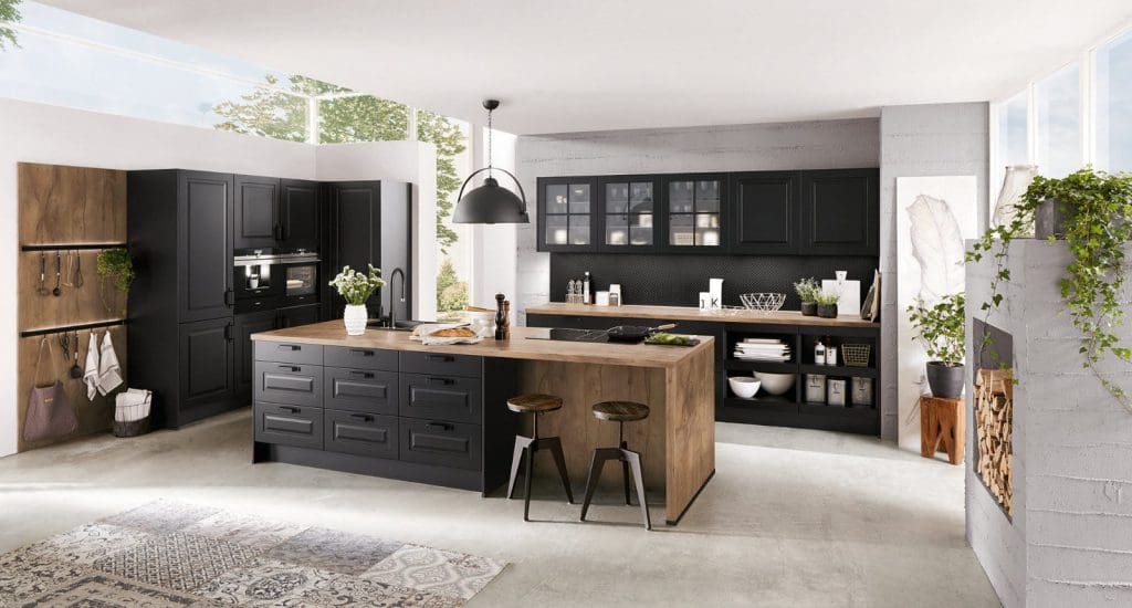 Nobilia Matt Black Wood Shaker Open Plan Kitchen With Island 2021 2 | Qudaus Living, Sutton Coldfield