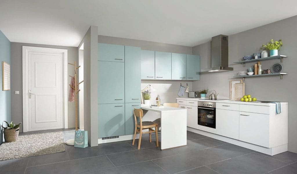 Nobilia Matt White Blue L Shaped Kitchen 2021 1 | Qudaus Living, Sutton Coldfield