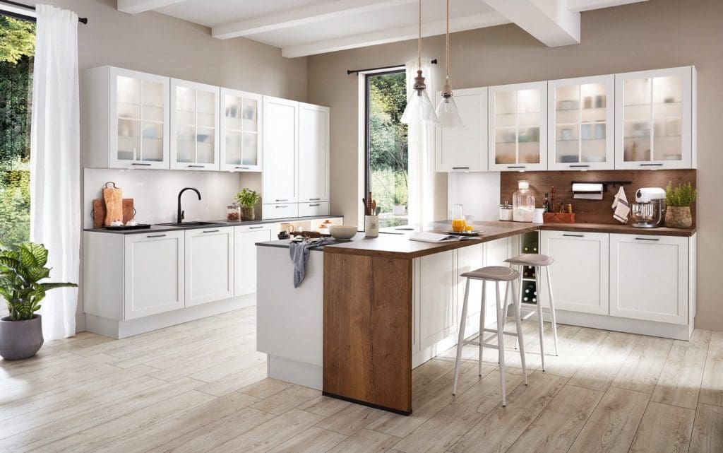 Nobilia Matt White Wood Shaker Open Plan L Shaped Kitchen With Island 2021 1 | Qudaus Living, Sutton Coldfield