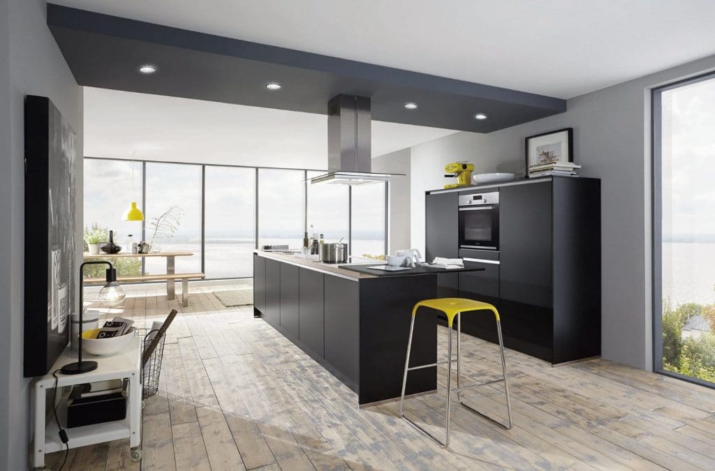 Nobilia Modern Matt Black Handleless Open Plan Kitchen With Island 2021 1 | Qudaus Living, Sutton Coldfield