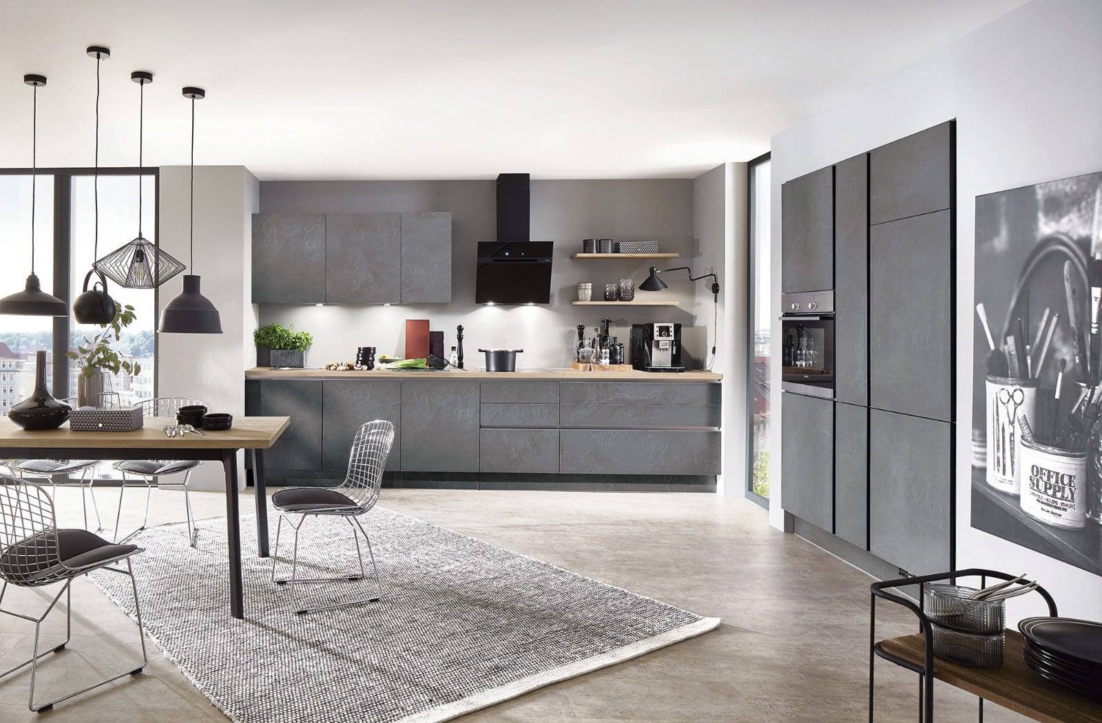 Nobilia Concrete Handleless L Shaped Open Plan Kitchen 2021 | Qudaus Living, Sutton Coldfield