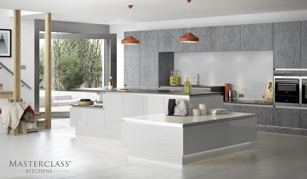 Masterclass Stone Handleless Kitchen With Gloss Island 1 1024X597 1 | Plum-Mex, Farnham